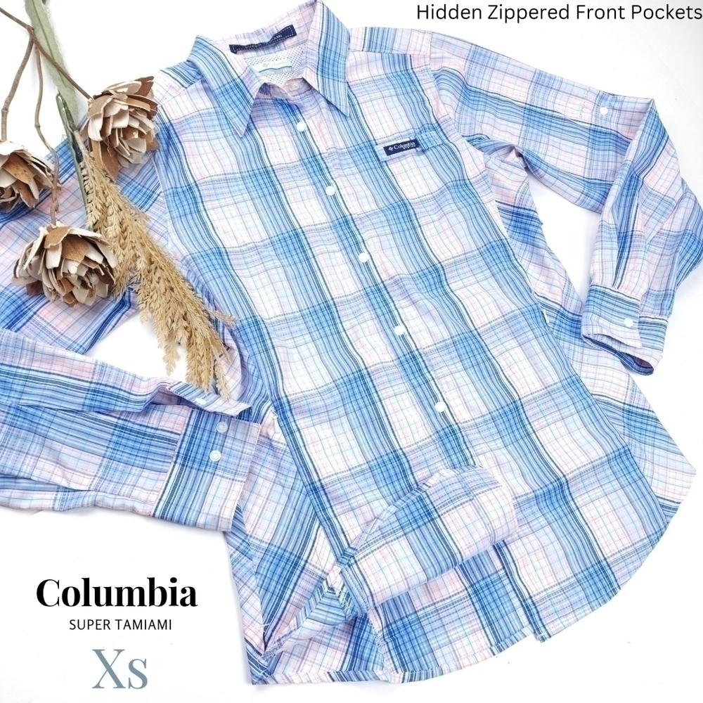 New Columbia Super Tamiami Blue Pink Plaid Omni Shield Hidden Pockets Sh…